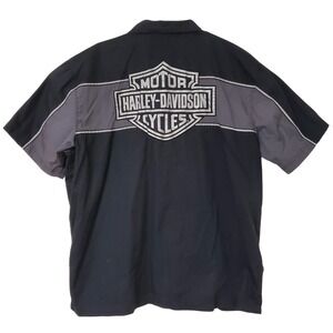 Harley Davidson Mens 2XL Black Gray Short Sleeve Button Up Car Shirt Reflective